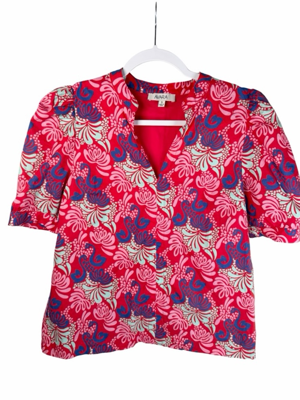 Avara Red Floral Print Puff Short Sleeve Split V Neck Cotton Top Size Small
